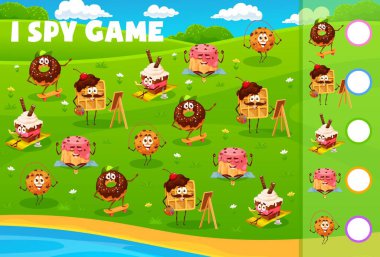 I spy game cartoon dessert sweet cookie and cake characters. Children educational quiz, child math puzzle game vector worksheet or kids counting riddle with candy, donut, pie and waffle personages