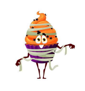 Cartoon Halloween mummy cupcake, vector festive bakery character with stars sprinkles. Cute spooky muffin personage wrapped in bandage, sweets for kids trick or treat party, funny pastry dessert