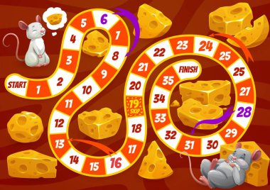 Kids board game worksheet, cartoon mouse with cheese, vector entertainment tabletop. Dice or step race game worksheet with start and finish with funny mouse and lump pieces of cheese