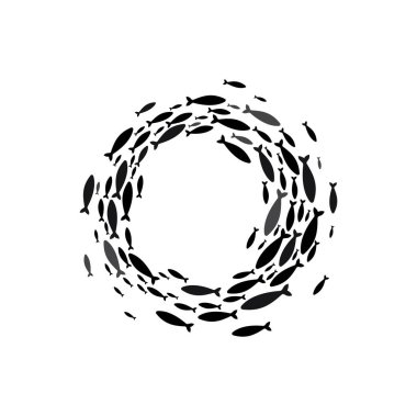 Round frame of shoal fish silhouette, isolated marine cod flock, floating underwater animals in group. Vector aquatic tuna, circle of ocean seafood