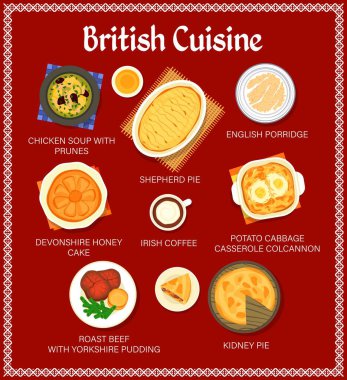 British food cuisine menu, dishes for lunch and restaurant meals, vector poster. Traditional English breakfast porridge and pudding, dinner roast beef and Irish coffee with honey cake and kidney pie