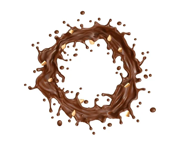 Chocolate Milk Twister Swirl Splash Crushed Peanuts Pouring Melted Hot — 스톡 벡터