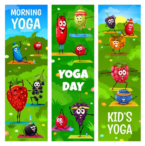 Kids Yoga Class Cartoon Berry Characters Yoga Fitness Cute Vector — Stok Vektör