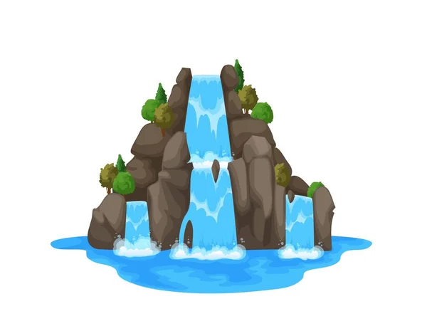 Cartoon waterfall falling from rocks, isolated river water cascade. Mountain river blue aqua cascade nature environment game asset. Falling from cliff waterfall clean stream travel vector background