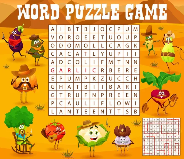 Western Cowboy Bandit Sheriff Ranger Vegetable Characters Word Search Quiz — Vettoriale Stock