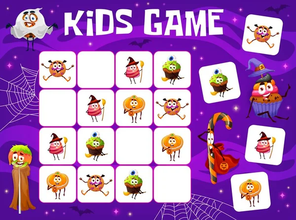 Sudoku Game Worksheet Cartoon Halloween Candy Characters Cemetery Vector Puzzle — ストックベクタ