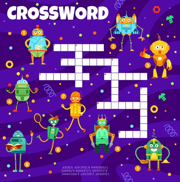 Cartoon Funny Robots Crossword Grid Worksheet Find Word Quiz Vector — Stock vektor