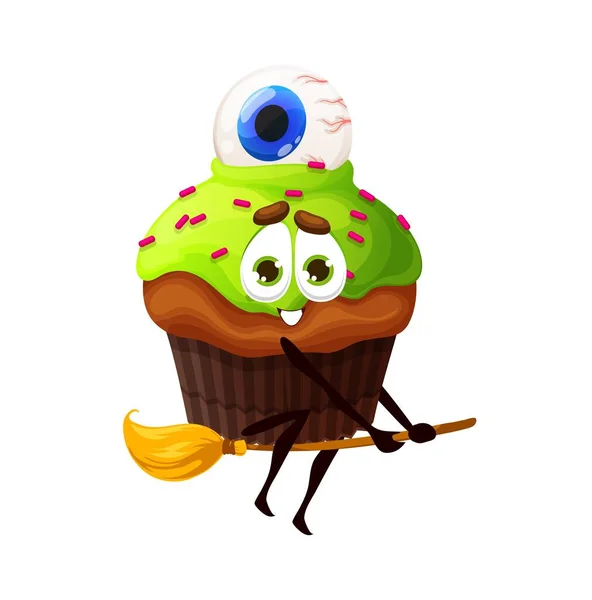 Cartoon Halloween Cupcake Broom Vector Character Traditional Festive Bakery Eyeball — ストックベクタ