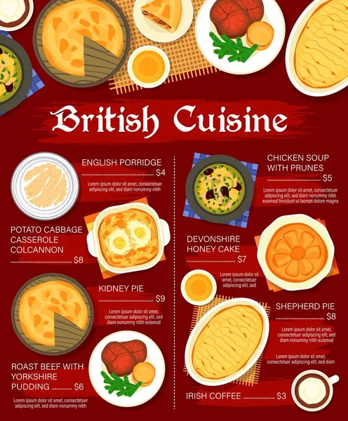 British Cuisine Food Menu English Breakfast Dishes Lunch Meals Vector — Stock Vector