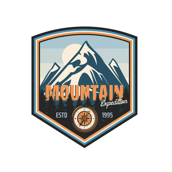 Mountain expedition icon of nature camp, outdoor adventure or travel vector design. Mountains isolated retro badge with forest trees landscape and vintage compass, recreation park or scout club emblem