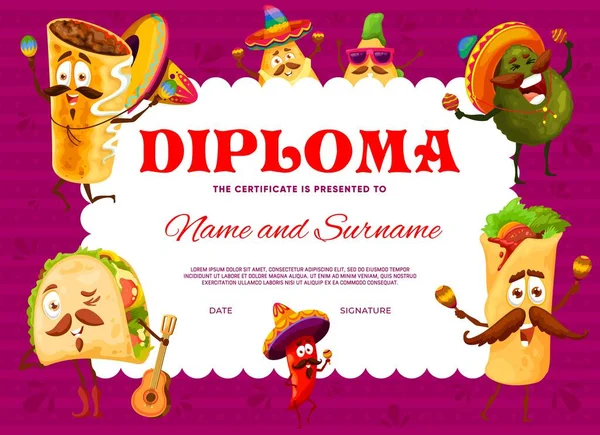 Kids Diploma Cartoon Mexican Tex Mex Food Characters Vector Certificate — Archivo Imágenes Vectoriales