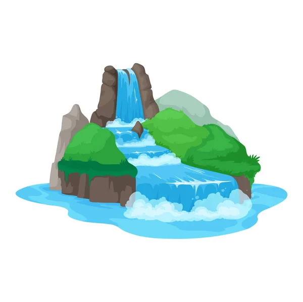 Cartoon Waterfall Flowing Water Cascade Hills Green Grass Vector Exotic — Stockový vektor