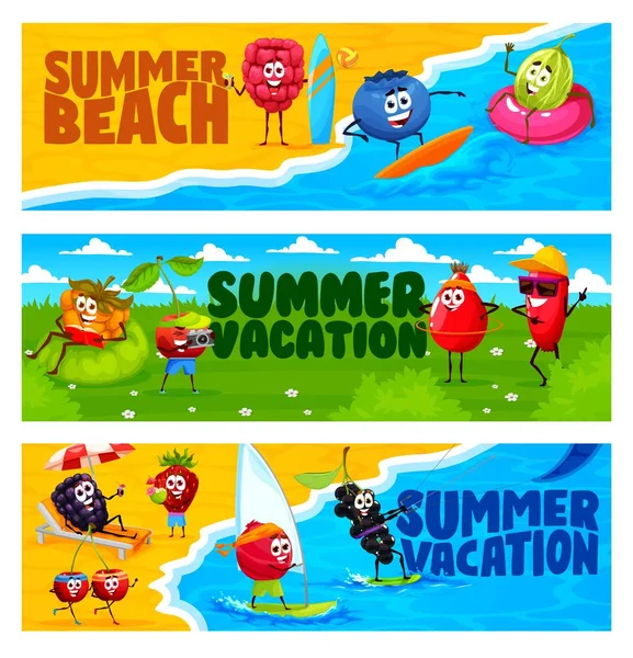 Cartoon Berry Characters Summer Vacation Beach Kids Vector Banner Raspberry — Stock vektor