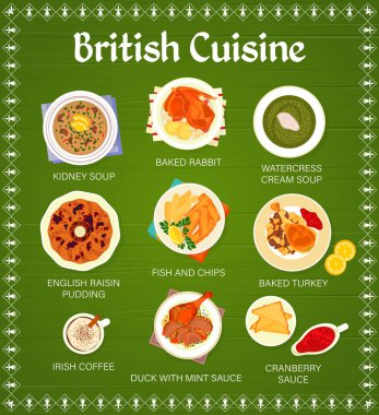 British cuisine menu page template. Baked rabbit, kidney soup and watercress cream soup, English pudding, Irish coffee and fish with chips, baked turkey, duck with mint sauce and cranberry sauce