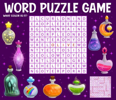 Cartoon magic potion bottles word search vector puzzle game worksheet. Kids quiz grid and word maze with what color task. Educational riddle with orange, pink, yellow and rainbow witch elixir bottles