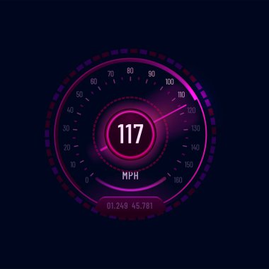 Futuristic car neon speedometer gauge dial. Vehicle odometer indicator, motorbike or automobile speed meter vector counter or speedometer display with violet gauge scale and glowing neon arrow