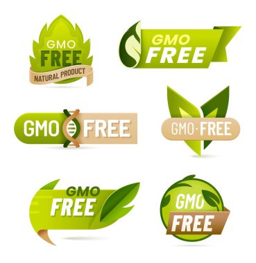 GMO free food icons or labels. Non GMO products vector icons or symbols with green leaves and DNA helix. Organic farm product, food bio safety and vegan diet meals pictogram, seal or sticker