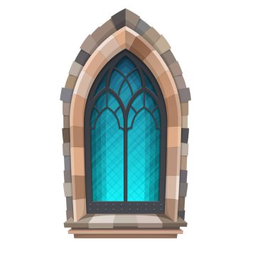 Cartoon medieval window of castle. Medieval cathedral or temple, exterior window, ancient palace or castle isolated vector window with stone or brick arch, glass and forged metal frame