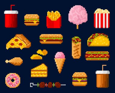 Retro 8bit pixel art takeaway fast food, drinks and dessert icons. Pixel game pictograms of soda, hamburger and french fry, pizza, hot dog and chips, cake, ice cream and coffee, burrito, barbecue