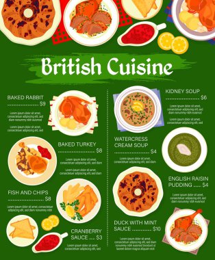 British cuisine menu page template. Irish coffee, duck with mint sauce and baked rabbit, English pudding, watercress cream soup and fish with chips, cranberry sauce, baked turkey and kidney soup