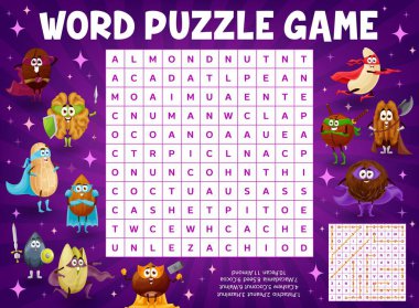 Cartoon nuts and legume superhero characters. Word search puzzle game worksheet, kids quiz grid. Vector pistachio, peanut, hazelnut or cashew, coconut, walnut, macadamia and coconut, almond and pecan