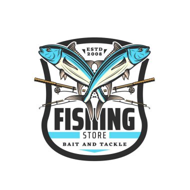 Fishing store vector icon with crossed tuna fish and fisherman spinning rods. Angling sport rods with hooks, lures or baits, lines and reels with ocean or sea water fish, fishing tackle shop design