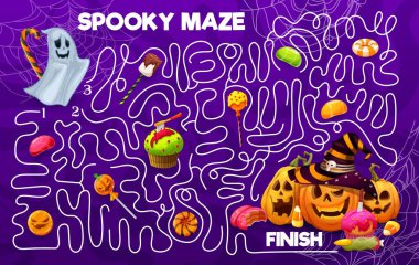 Labyrinth maze, cartoon Halloween holiday pumpkins, cobweb, sweets and candies pathfinding puzzle game vector worksheet. Halloween trick or treat food labyrinth with lollipops, cakes, toffee, cookie