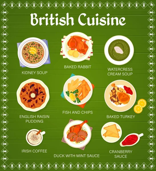 British Cuisine Menu Page Template Baked Rabbit Kidney Soup Watercress — Stockvektor
