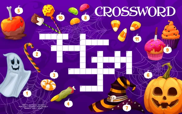 Crossword Quiz Game Grid Cartoon Halloween Holiday Pumpkin Sweets Candies — Stockvector