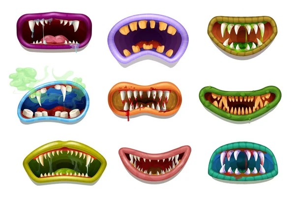 Scary Creepy Drool Monster Grin Jaws Mouths Vector Smiles Teeth — Stock Vector