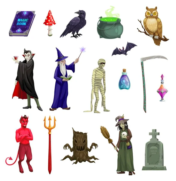 Halloween Creepy Characters Personages Spellbook Potion Animals Vector Holiday Symbols — Stok Vektör
