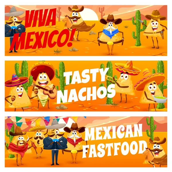 Mexican Nachos Chips Cowboy Bandit Sheriff Characters Vector Banners Mexican — Stock Vector