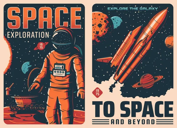 Space Exploration Astronaut Spaceship Retro Vector Posters Galaxy Spaceflight Solar — Archivo Imágenes Vectoriales