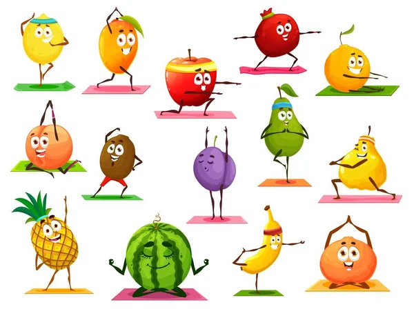 Cartoon isolated fruits characters on yoga and pilates or fitness sport. Funny fruits making exercises, mango and watermelon in yoga meditation, kiwi and banana on fitness stretching, orange and apple