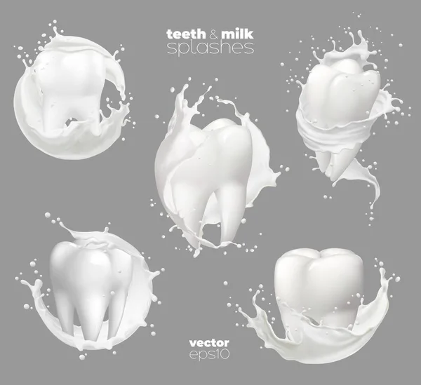 Milk Yogurt Cream Splash Tooth Calcium Nutrition Teeth Enamel Dental — Stock Vector