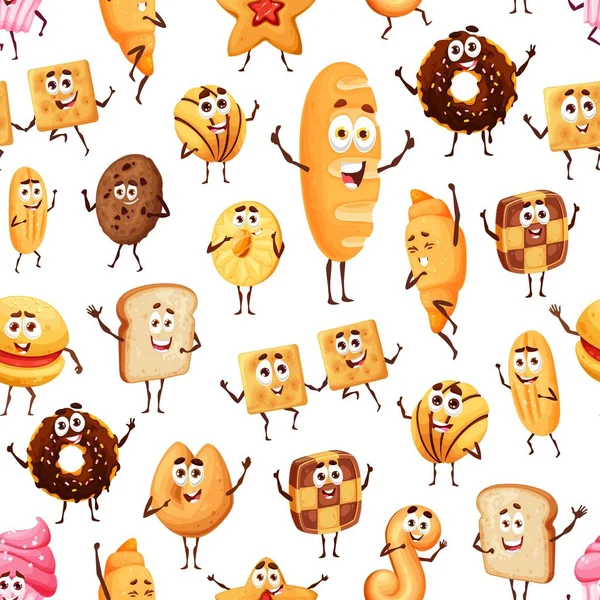 Bread Pastry Confectionery Cartoon Funny Characters Seamless Pattern Vector Background — Vettoriale Stock