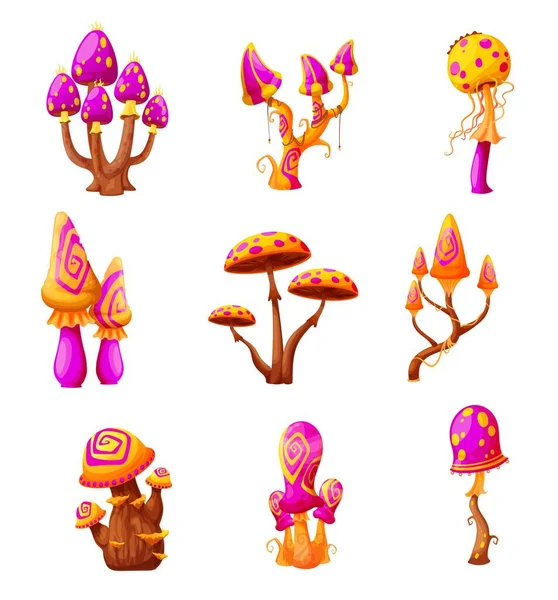 Fantasy Fairy Magic Mushrooms Cartoon Vector Fungi Isolated Alien Unusual — Stock Vector