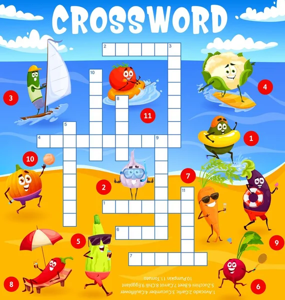 Cartoon Vegetables Summer Beach Crossword Puzzle Game Grid Vector Quiz — Image vectorielle