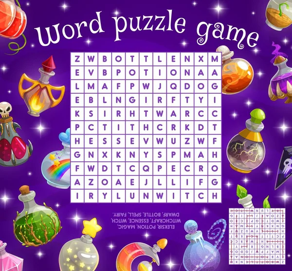 Magic Potion Bottles Word Search Puzzle Quiz Game Worksheet Vector — ストックベクタ