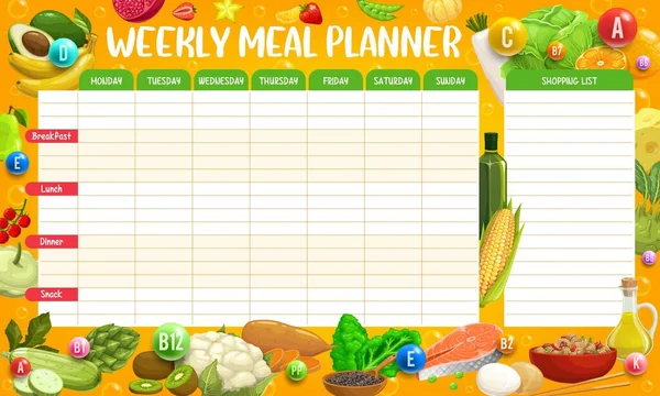 Food Vitamins Weekly Meal Planner Schedule Organizer Check List Healthy — Image vectorielle