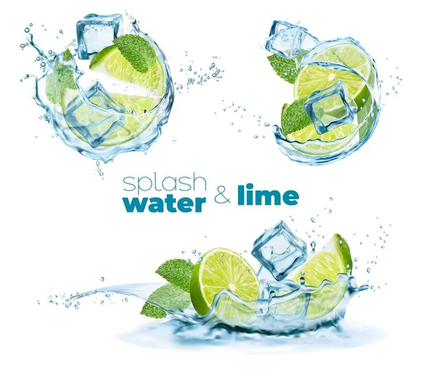 Swirl Water Splash Lime Leaves Ice Cubes Mojito Lemonade Drink — Vettoriale Stock