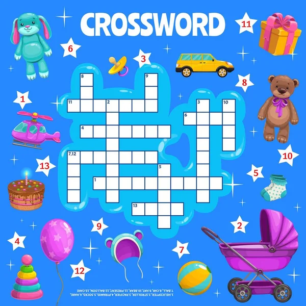 Crossword Puzzle Game Cartoon Kids Toys Quiz Grid Worksheet Vector — Stockvector