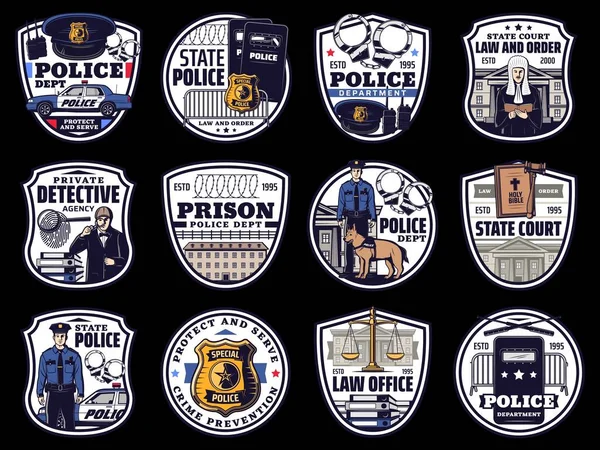 Police Law Icons Justice Court Policeman Officer Badge Vector Police — Archivo Imágenes Vectoriales