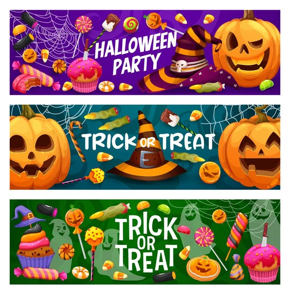 Halloween Holiday Cartoon Banners Sweets Candies Witch Hats Cobwebs Vector — Vetor de Stock