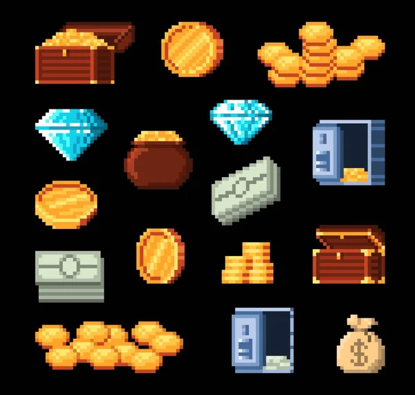 Bit Retro Pixel Golden Coins Treasure Chest Diamond Money Bag — Stock Vector