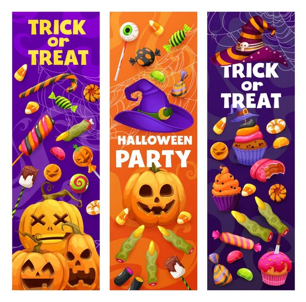Halloween Holiday Banners Cartoon Halloween Sweets Candies Witch Hat Cobweb — Image vectorielle