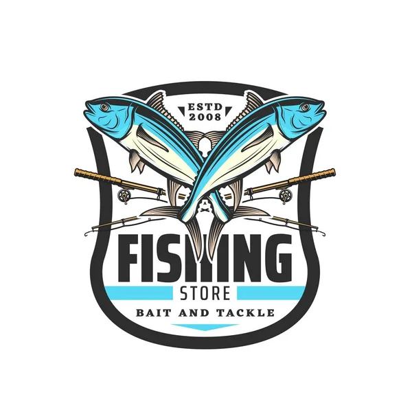 Fishing Store Vector Icon Crossed Tuna Fish Fisherman Spinning Rods — Vetor de Stock