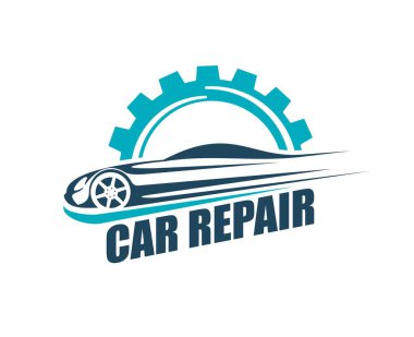 Car service icon. Auto maintenance and spare parts shop vector emblem, vehicle repair workshop icon or sign with modern sport car silhouette, automobile engine teeth gear wheel