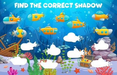 Find the correct shadow of cartoon submarines and bathyscaphes. Kids game vector worksheet. Educational puzzle quiz with silhouette of underwater landscape and submarine shis with periscope