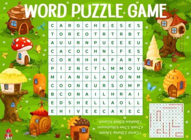 Cartoon forest fairy dwellings and elf houses, word search puzzle game, vector worksheet. Kids quiz grid to search word of dwarf or elves homes of carrot, tree stump or trunk, beehive and acorn